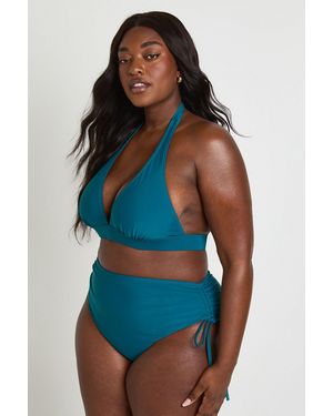 Boohoo Plus Tummy Control Ruched High Waist Bikini Bottom - Blue