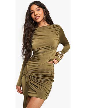 Boohoo Slinky Knot Front Drape Mini Skirt - Green