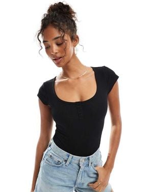 Miss Selfridge Button Detail Short Sleeve Rib Bodysuit - Black