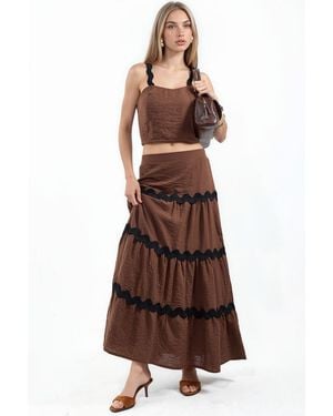 Msn-Collection Striped Linen-Blend Blouse And Skirt Set - Brown