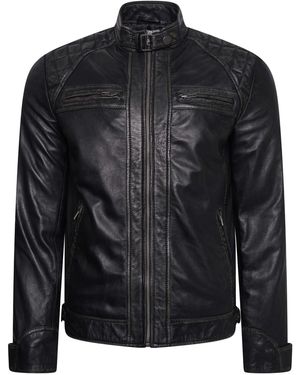 Barneys Originals Washed Leather Quilted Biker Jacket - Black