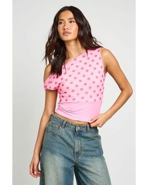 Boohoo Mesh Off Shoulder Deep Waistband Polka Dot Top - Red