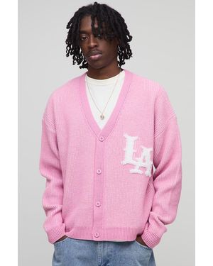 BoohooMAN Boxy Varsity Rib Knitted Cardigan - Pink