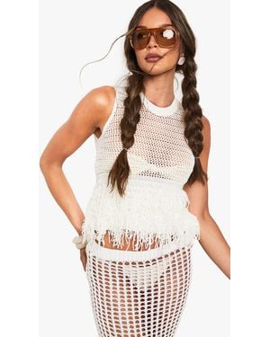 Boohoo Tassel Hem Crochet Knitted Top - White
