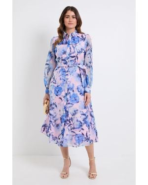 Wallis Floral Organza Shirt Midi Dress - Blue