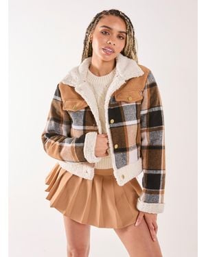 Pink Vanilla Borg Detail Check Jacket - Brown