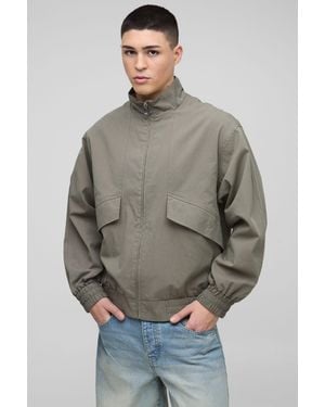 BoohooMAN Oversized Boxy Pocket Detail Twill Funnel Neck Bomber Jacket - Grey