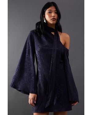 Warehouse Petite Satin Jacquard Tie Neck Asymmetric Shoulder Mini Dress - Blue