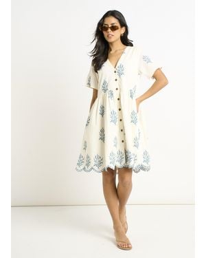 Gini London Marshmallow Cotton Embroidered Smock Mini Dress - Natural