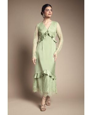 Oasis Lace Panel Detail Frill Hem Midi Dress - Green