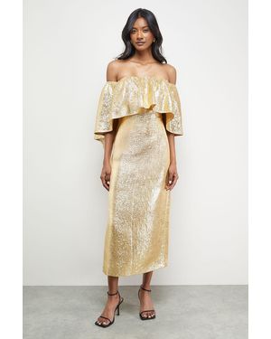 Oasis Metallic Jacquard Volume Bardot Midi Dress - Natural