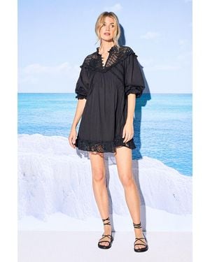 Warehouse Hcd Cotton Lace Insert Mini Smock Dress - Blue