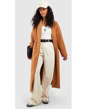 Boohoo Longline Double Breasted Belted Wool Look Coat - Natural