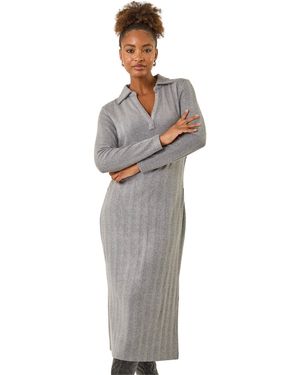 Roman Collar Ribbed Knit Miid Dress - Grey