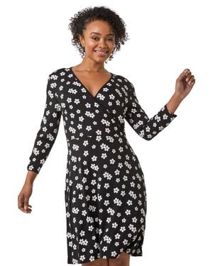 Roman Petite Floral Stretch Wrap Dress - Black