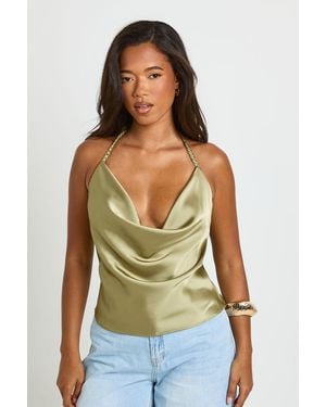 Boohoo Satin Rope Detail Cowl Neck Top - Green