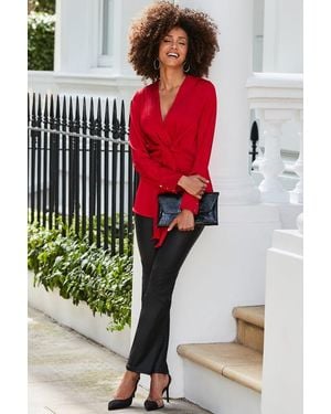 Sosandar Satin Pleated Wrap Top - Red