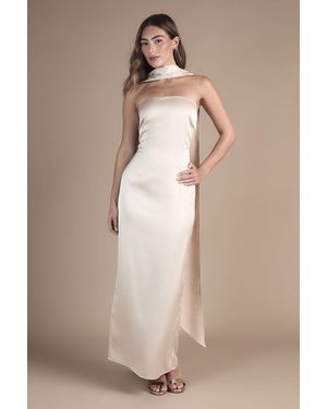 Oasis Bandeau Satin Maxi Wedding Dress With Scarf - Natural