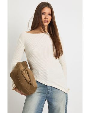 Boohoo Soft Brushed Rib Asym Neck And Hem Top - Natural