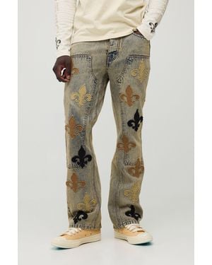 BoohooMAN Fleur De Lis Applique Carpenter Jeans - Natural