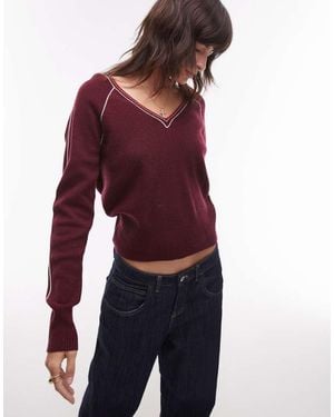 TOPSHOP V Neck Tipping Jumper - Red