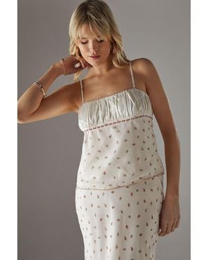 Warehouse Ruched Bust Lace Trim Milkmaid Strappy Top - Brown