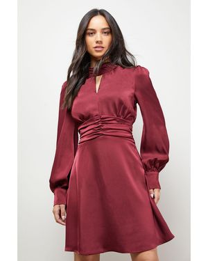 Oasis Satin Ruched Waist High Neck Balloon Sleeve Mini Dress - Red