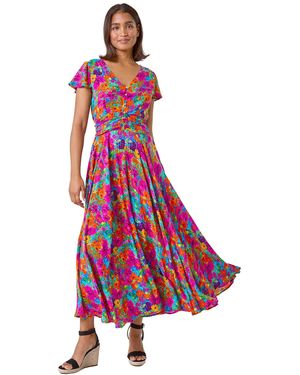 Roman Floral Ruched Waist Midi Dress - Red
