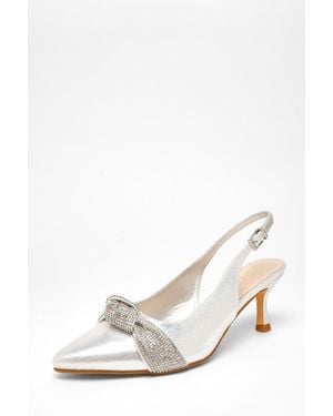 Quiz Wide Fit Diamante Knot Sling Back Low Heels - White