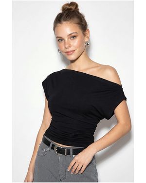 Bianco Lucci Off-Shoulder Polka Dot Crop Blouse - Black