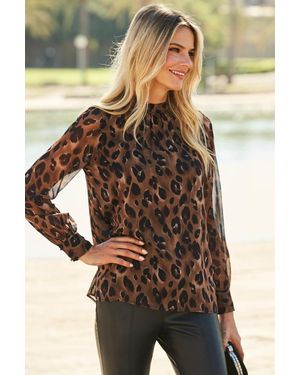 Sosandar Chocolate Animal Print High Neck Top - Brown