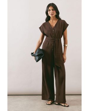 Wallis Cotton Button Detail Jumpsuit - Brown
