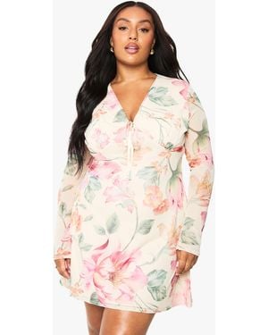 Boohoo Plus Floral Mesh Skater Dress - White