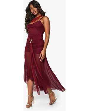 Boohoo Ruched Mesh Drape Midaxi Dress - Red