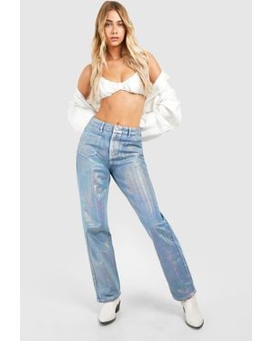 Boohoo Iridescent Metallic Coated Straight Leg Jeans - Blue
