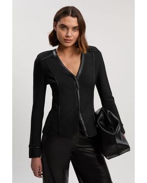 Karen Millen Petite Bandage Pu Detail V Neck Top - Black