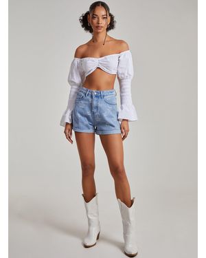 Pink Vanilla Embroidered Flower Print Denim Shorts - Blue
