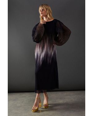 Warehouse Ombre Plisse Batwing Midi Dress - Black