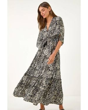Roman Boho Floral Print V-Neck Maxi Dress - White