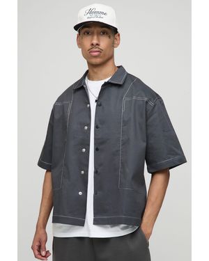 BoohooMAN Oversized Half Sleeve Contrast Stitch Collared Shirt - Blue