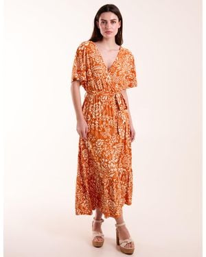 Blue Vanilla Double V Midi Dress With Tassel Tie - Orange