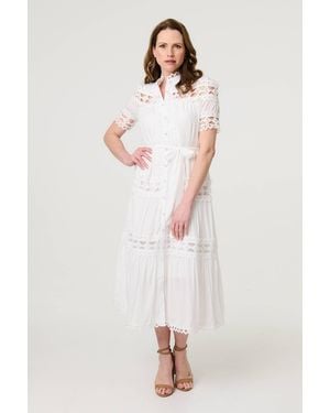 Izabel London Lace Cut Out Detail Tie Waist Midi Dress - Natural