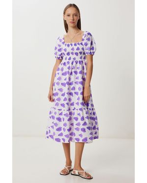 Happiness İstanbul Frilly Abstract Print A-Line Midi Dress With Square Collar - Purple