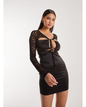 Pink Vanilla Lace Long Sleeve Cut Out Mini Dress - Black