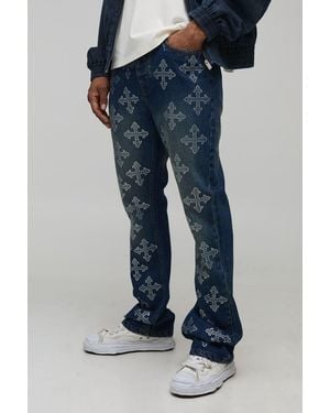 BoohooMAN Stacked Flared Cross Rhinestone Embellished Denim Jeans - Blue