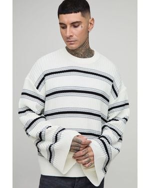 BoohooMAN Tall Ribbed Knit Wide Sleeve Boxy Oversized Jumper - Grey