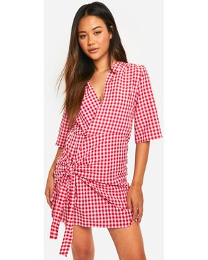 Boohoo Textured Gingham Wrap Dress