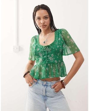 Reclaimed Vintage Tea Blouse With Lace Collar - Green