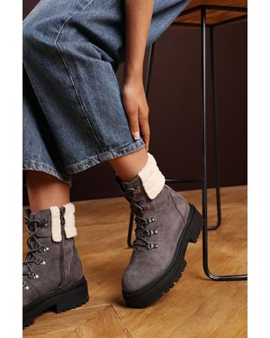 Where's That From Wheres 'Alia' Suede Lace-Up Ankle Boots With Faux Fur Lining And Chunky Sole - Black