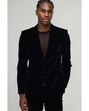 BoohooMAN Slim Fit Velour Blazer - Blue